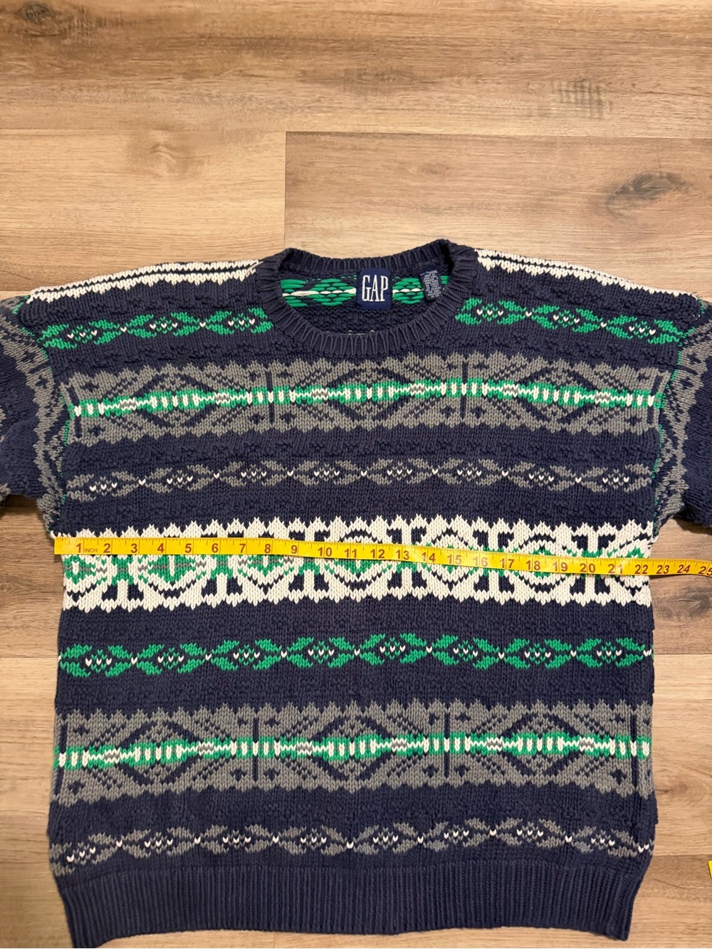 Vtg GAP Fair Isle Chunky Knit Sweater Men's L Blue Green 100% Cotton Crewneck - Picture 7 of 8